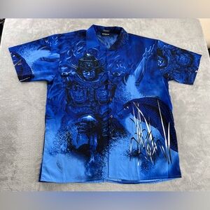 Koman Sport Shirt Men XXL No Sz Tag Blue Warrior Samurai Cobra Snake Button Up